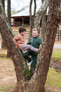 Two young boys in matching green and brown knit outfits play in a large tree trunk outdoors on a farm, with a barn visible in the background.