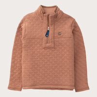 A quilted long-sleeve pullover jacket in a dusty terracotta or rose-brown color, featuring a mock neck with a half-zip closure and a small embroidered bird logo on the left chest, shown against a light gray background.