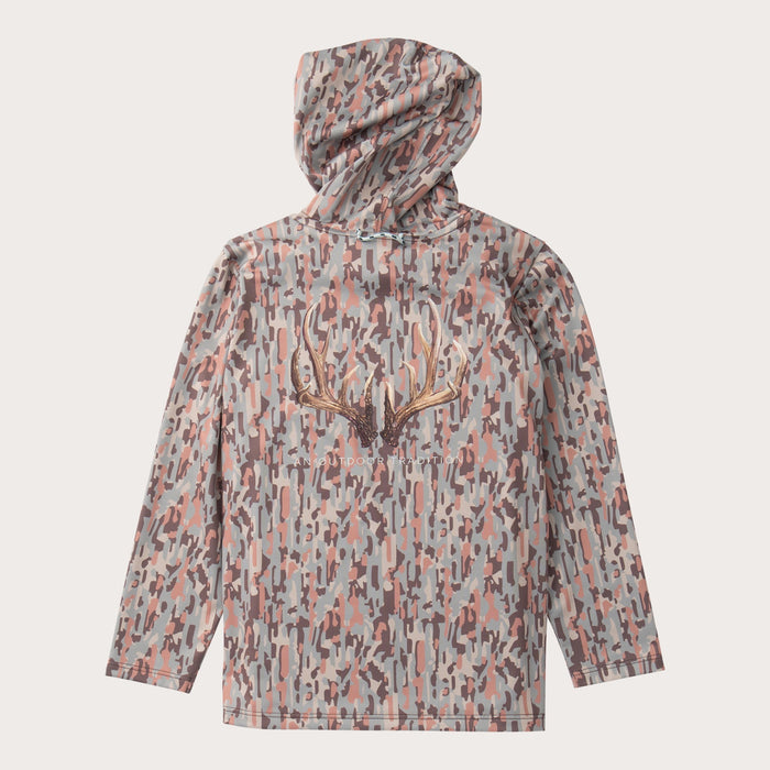 Camouflage jacket with deer antler design on a light gray background