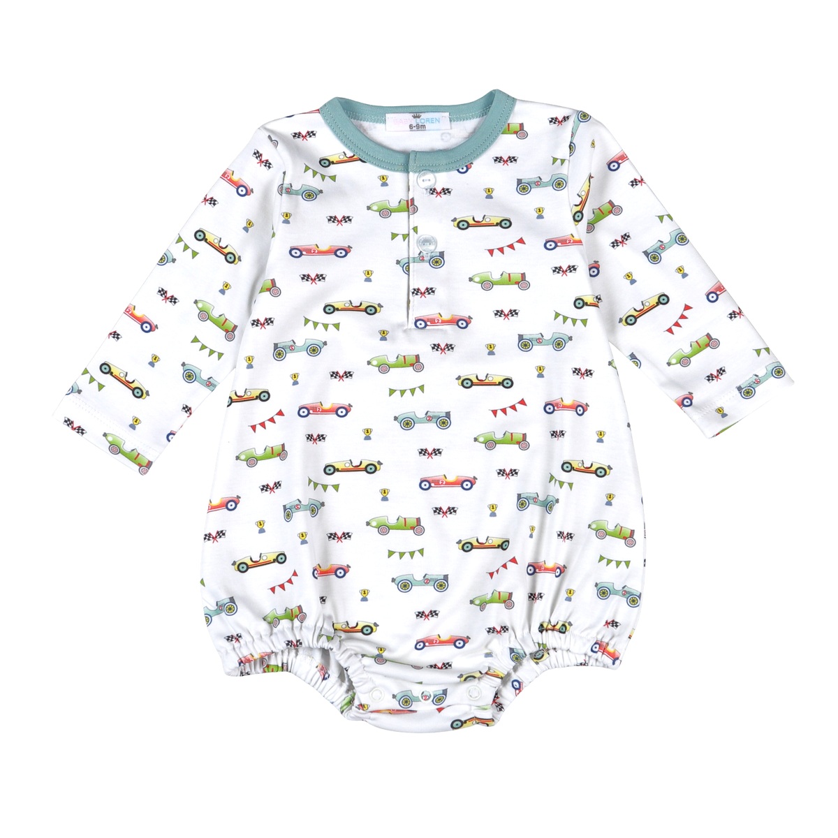 A white long-sleeve baby romper with an all-over colorful vintage race car print, featuring a mint green ribbed collar and elasticized leg cuffs.