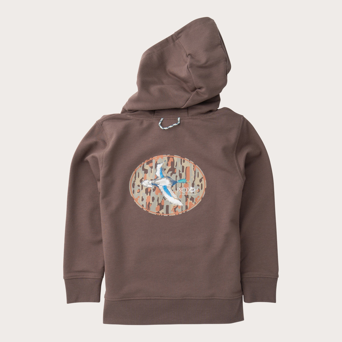 Brown hoodie with a graphic design on the back against a white background