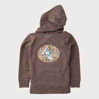 Brown hoodie with a graphic design on the back against a white background