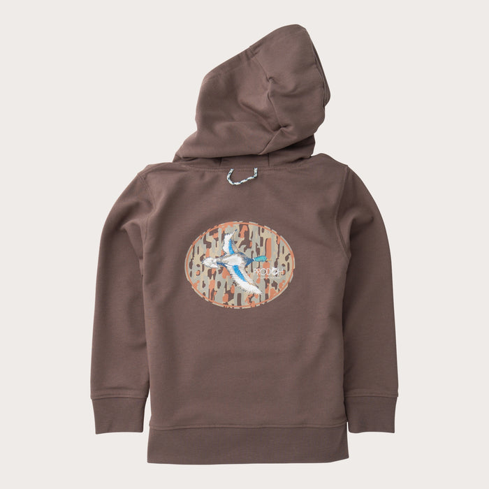 Brown hoodie with a graphic design on the back against a white background