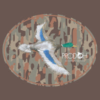 A graphic design featuring a mallard duck in flight over a brown camouflage oval background, with the text 'PRODOSH' and 'AN OUTDOOR TRADITION' on a solid brown backdrop.