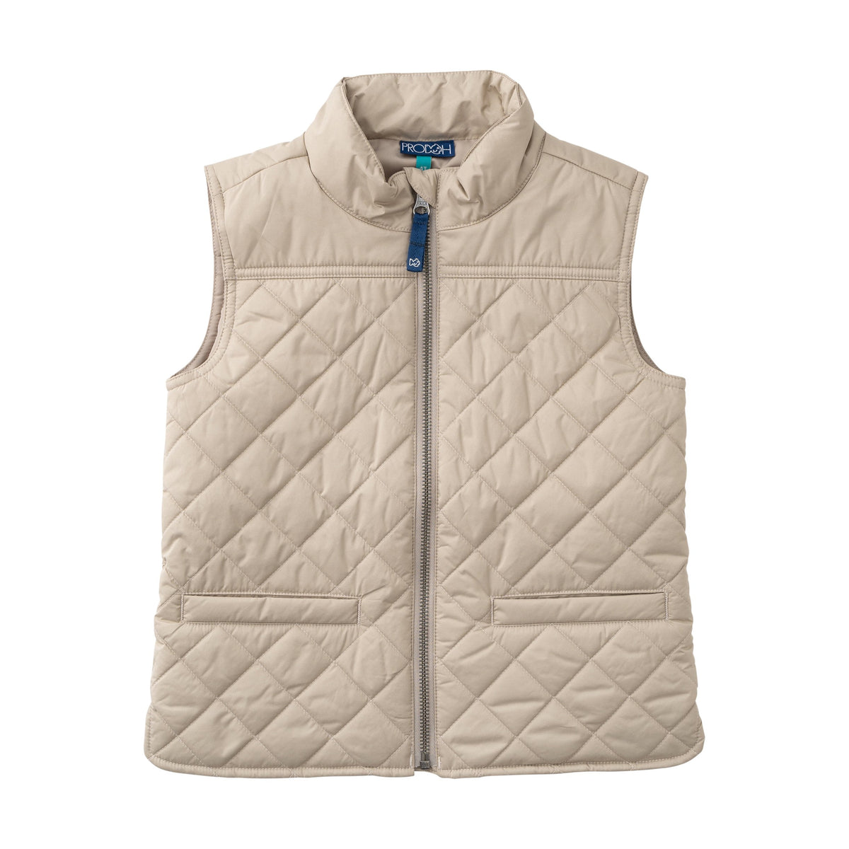 A beige quilted zip-up vest with a stand-up collar and two front pockets, shown flat against a white background. The brand label inside the collar reads Patagonia.
