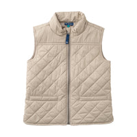 A beige quilted zip-up vest with a stand-up collar and two front pockets, shown flat against a white background. The brand label inside the collar reads Patagonia.