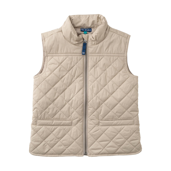 A beige quilted zip-up vest with a stand-up collar and two front pockets, shown flat against a white background. The brand label inside the collar reads Patagonia.