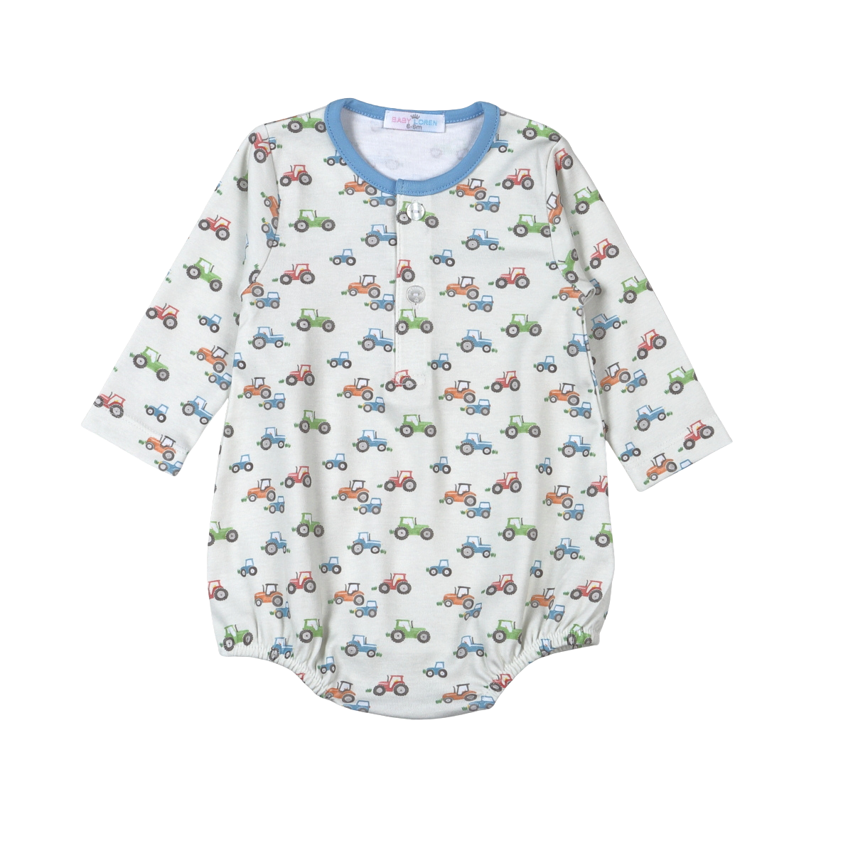 A baby long-sleeve romper with an all-over tractor print on a white background, featuring a light blue collar and snap-button closure at the neckline.