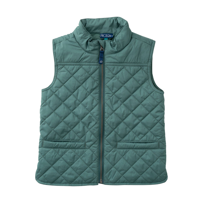A teal green quilted puffer vest with a stand-up collar and front zipper, shown flat on a white background. The brand name 'PROOSH' is visible on the inner neck label.