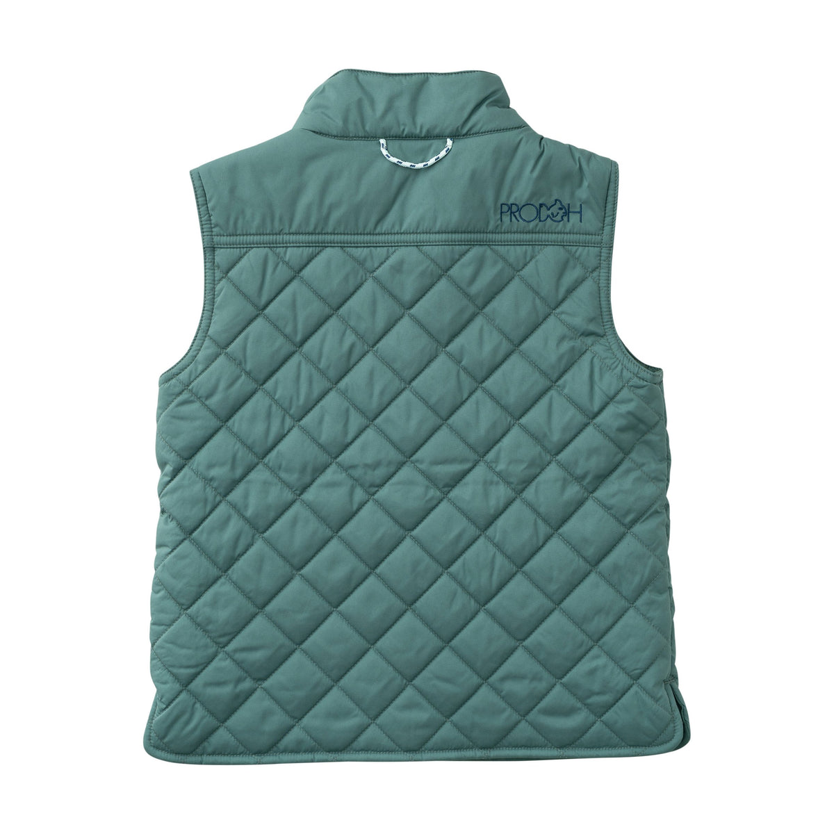 Green quilted vest with a brand logo on a white background
