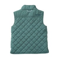 Green quilted vest with a brand logo on a white background