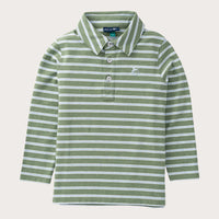 Green and white striped long-sleeve polo shirt on a light gray background