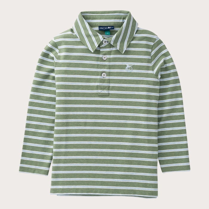 Green and white striped long-sleeve polo shirt on a light gray background