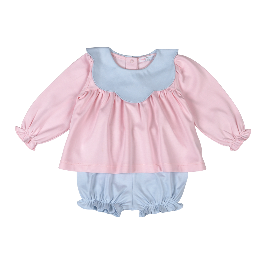 A baby girl's two-piece outfit featuring a long-sleeve top in pink with a light blue scalloped collar, paired with matching light blue ruffled bloomers, shown on a plain white background.