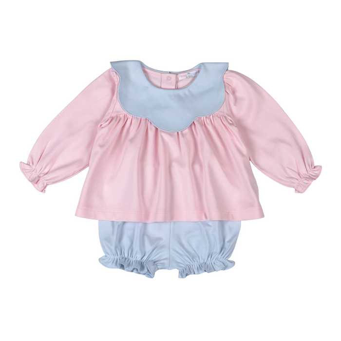 A baby girl's two-piece outfit featuring a long-sleeve top in pink with a light blue scalloped collar, paired with matching light blue ruffled bloomers, shown on a plain white background.