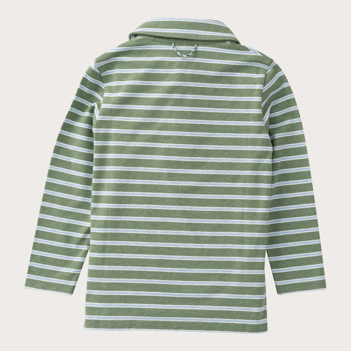 Green and white striped shirt on a light gray background
