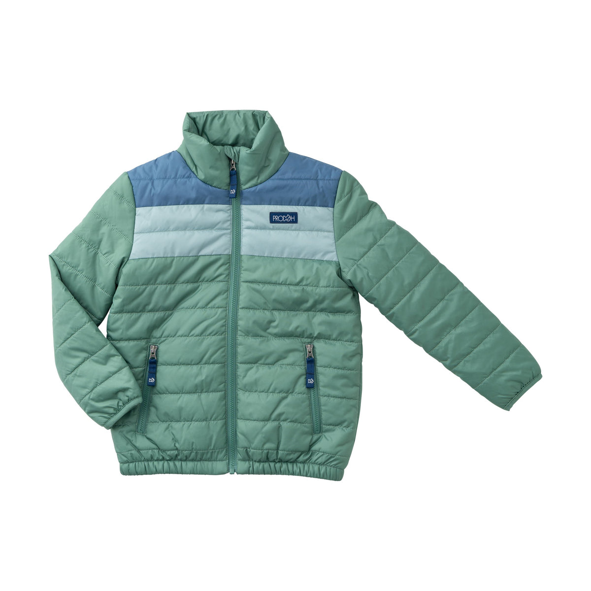 A children's quilted puffer jacket in sage green with a light blue yoke and a light gray horizontal stripe across the chest. It features a full front zipper, a stand-up collar, and two zippered pockets on the front.