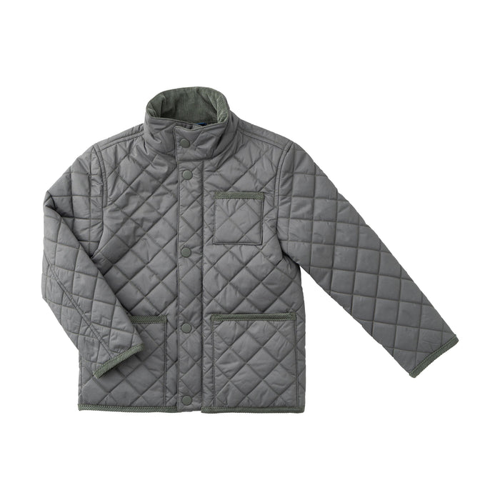 A gray quilted jacket with a high stand-up collar, button front, and four front pockets, shown on a plain white background.