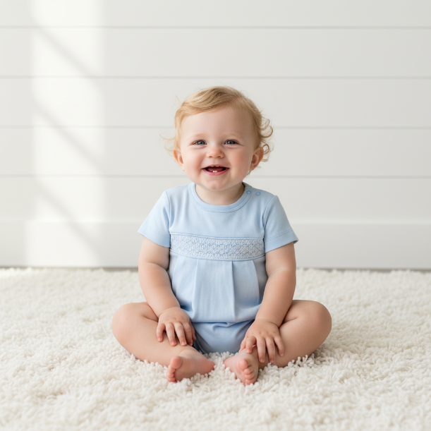 Blue Pima Hand Smocked Bubble