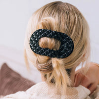 TELETIES JET BLACK QUILTED LARGE FLAT ROUND HAIRCLIP