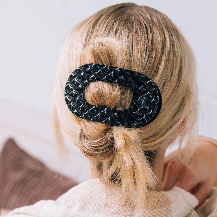 TELETIES JET BLACK QUILTED LARGE FLAT ROUND HAIRCLIP