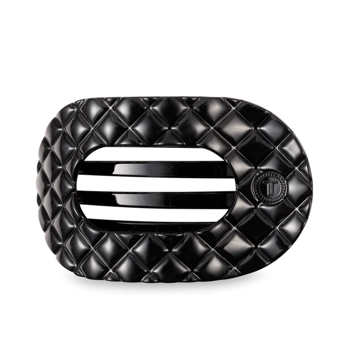TELETIES JET BLACK QUILTED LARGE FLAT ROUND HAIRCLIP