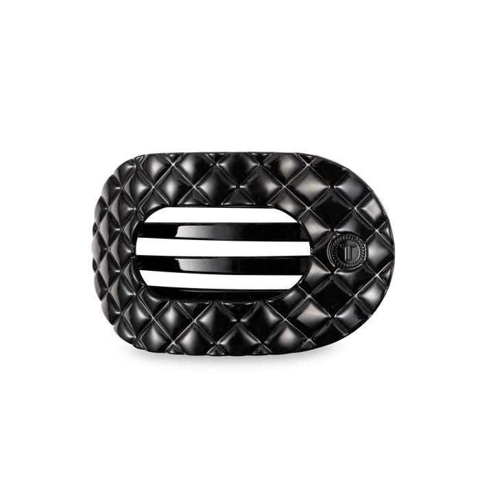 TELETIES JET BLACK QUILTED MEDIUM FLAT ROUND HAIRCLIP