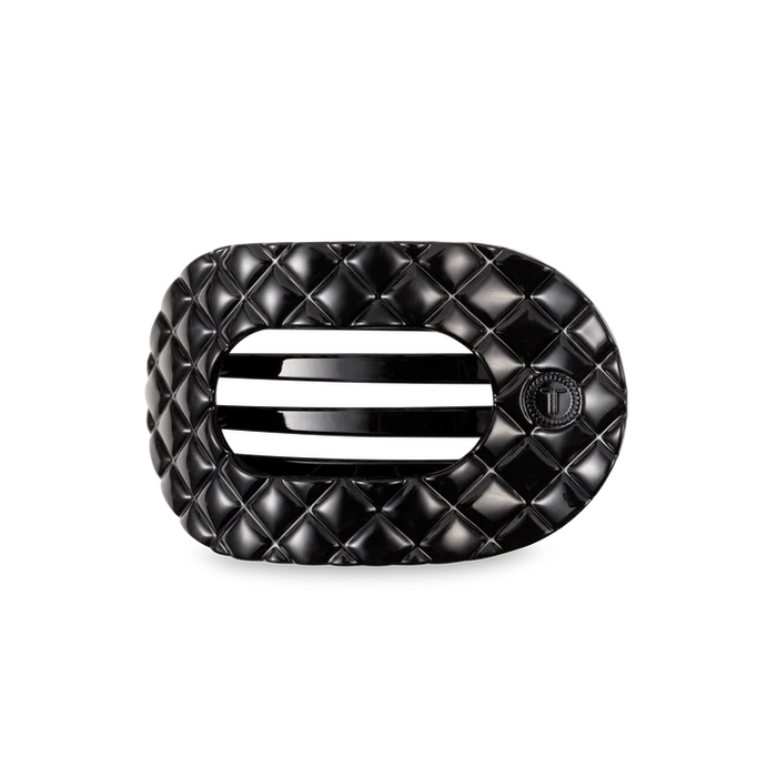 TELETIES JET BLACK QUILTED MEDIUM FLAT ROUND HAIRCLIP