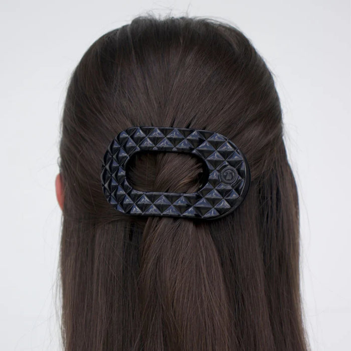 TELETIES JET BLACK QUILTED MEDIUM FLAT ROUND HAIRCLIP