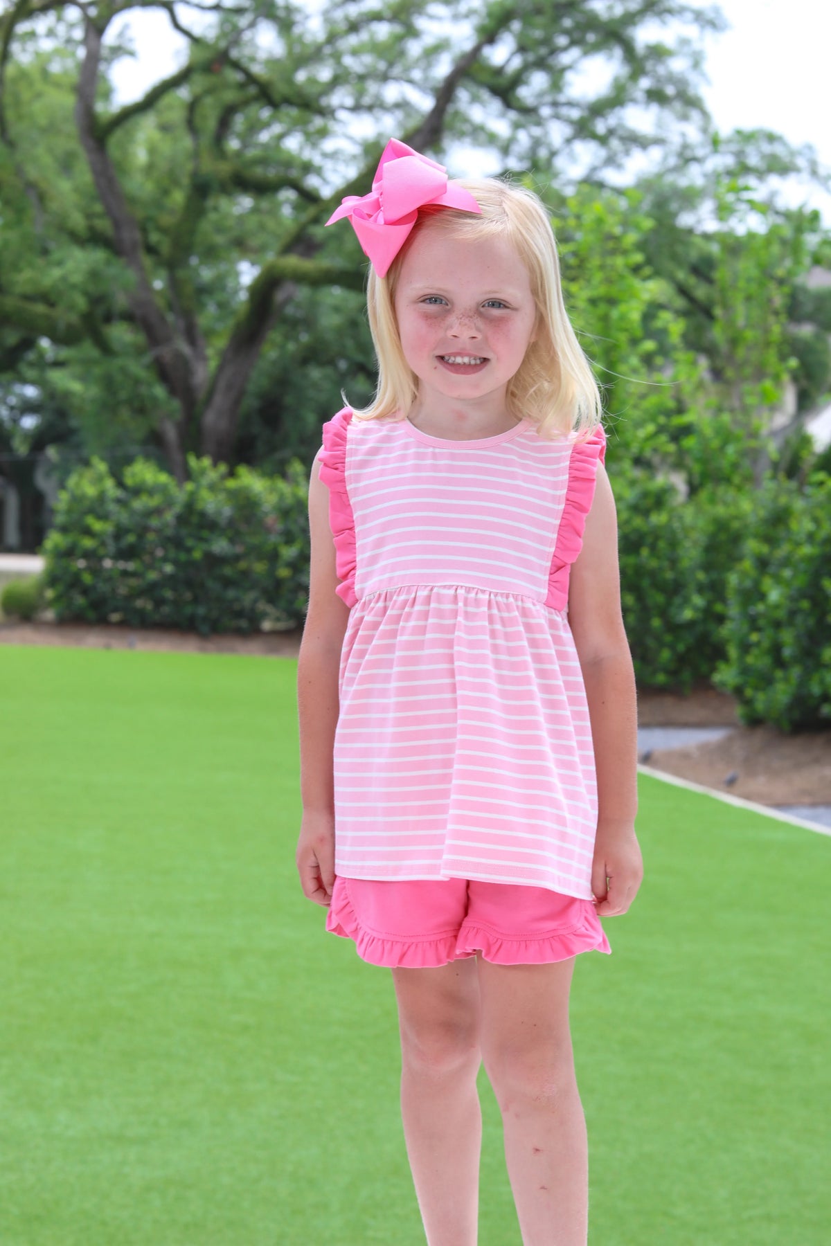 JOSIE RUFFLE SHORT SET LIGHT PINK STRIPE