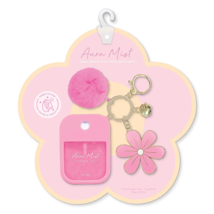 Pink keychain set with pouch and pom-pom on a pink and yellow card, featuring 'Anna Mist' branding.