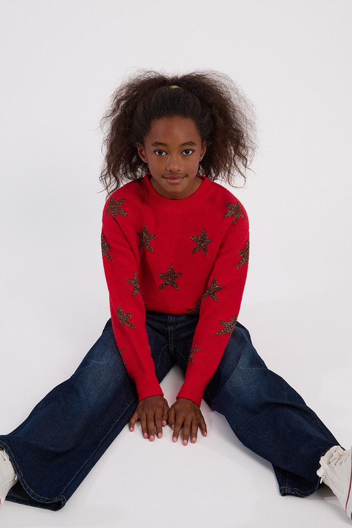 MOLLY BRACKEN RED KNIT SWEATER WITH GLITTERY STARS