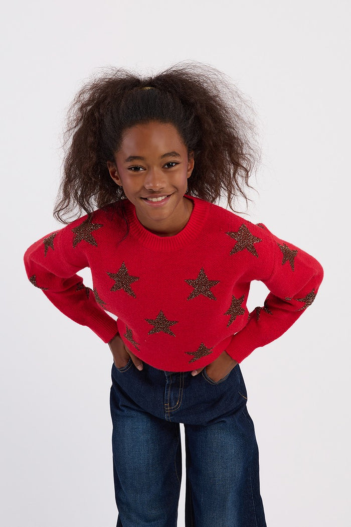 MOLLY BRACKEN RED KNIT SWEATER WITH GLITTERY STARS