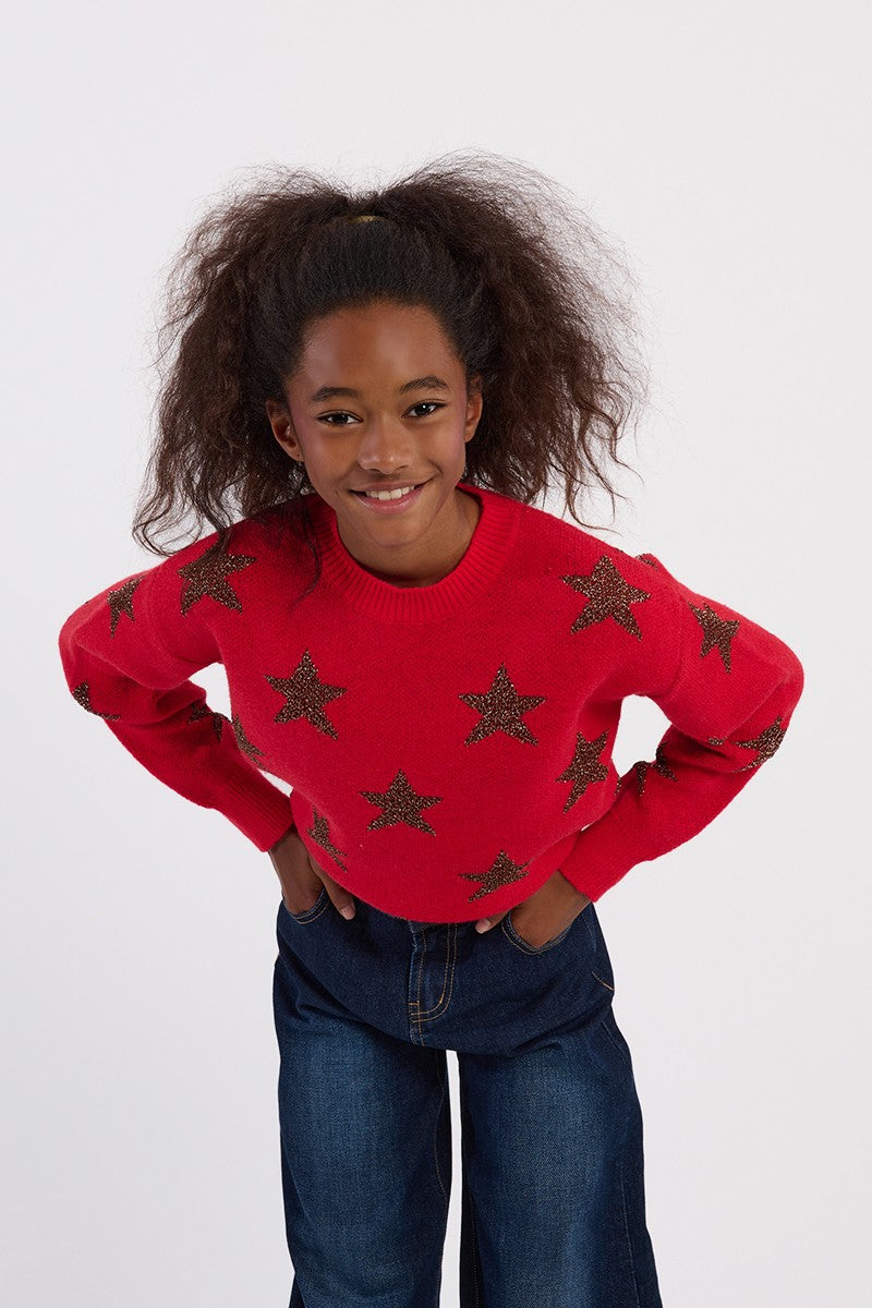MOLLY BRACKEN RED KNIT SWEATER WITH GLITTERY STARS