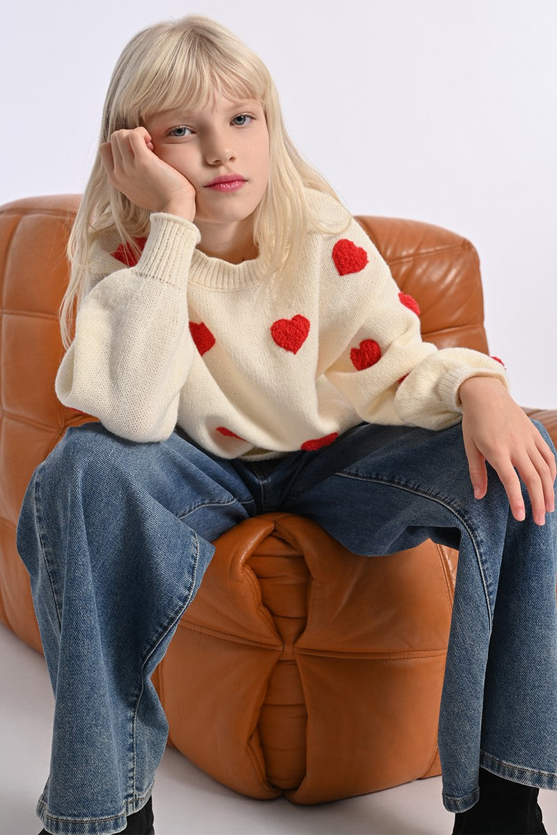 MOLLY BRACKEN KNIT SWEATER TEXTURE HEART PATTERN