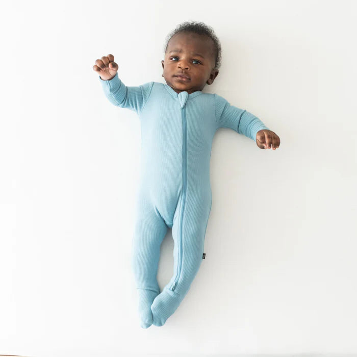 KYTE BABY RIBBED ZIPPERED FOOTIE IN DUSTY BLUE