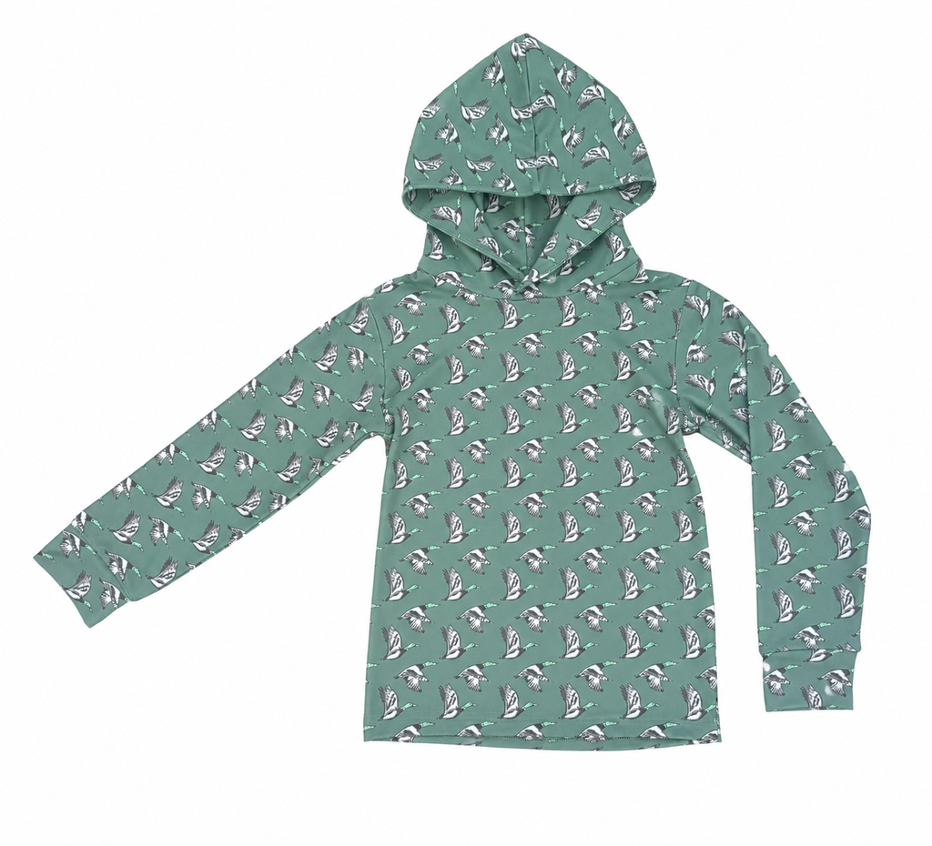 A kids' long-sleeve hooded sweatshirt in sage green with an all-over repeating print of small white and gray cartoon-style figures, shown flat against a plain white background.