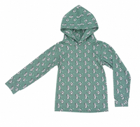 A kids' long-sleeve hooded sweatshirt in sage green with an all-over repeating print of small white and gray cartoon-style figures, shown flat against a plain white background.