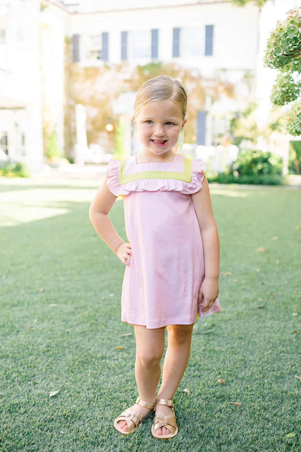PINK WITH GREEN STRIPE GIRLS SLEEVELESS DRESS