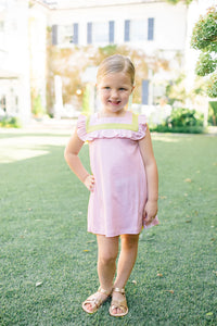 PINK WITH GREEN STRIPE GIRLS SLEEVELESS DRESS