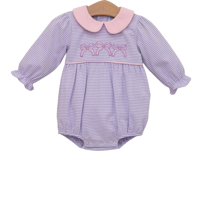 Purple striped baby romper with pink collar on a white background