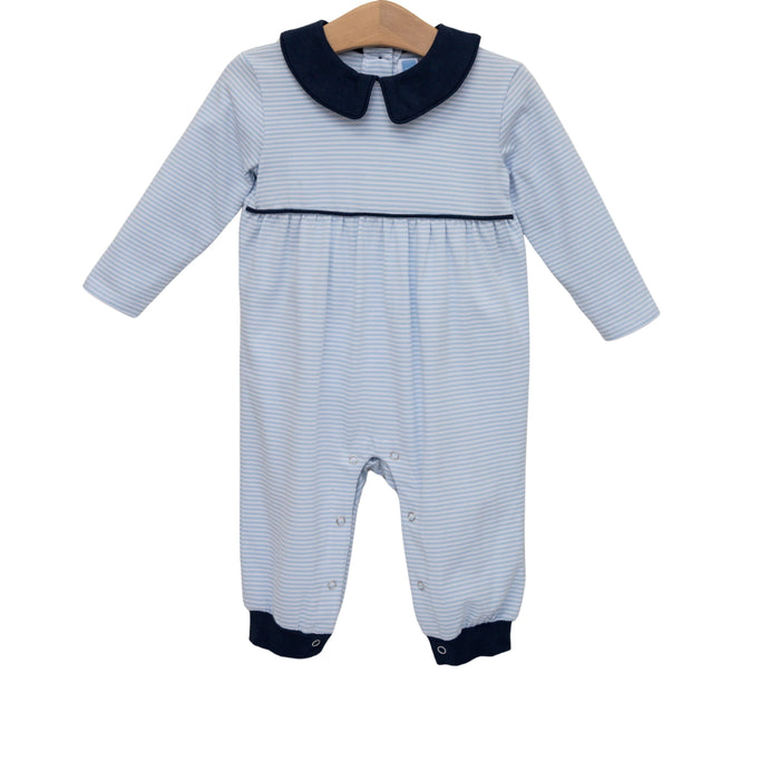 A baby long-sleeve footless romper with light blue and white stripes, featuring a contrasting dark navy collar and matching navy trim at the waist and cuffs, shown on a wooden hanger against a white background.