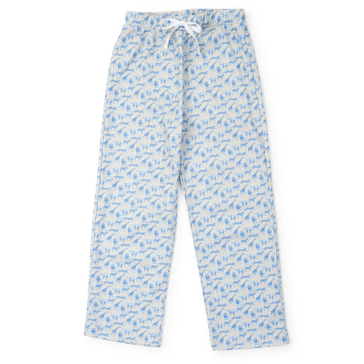 Light blue and white patterned lounge pants with an elastic drawstring waist, shown flat against a white background.