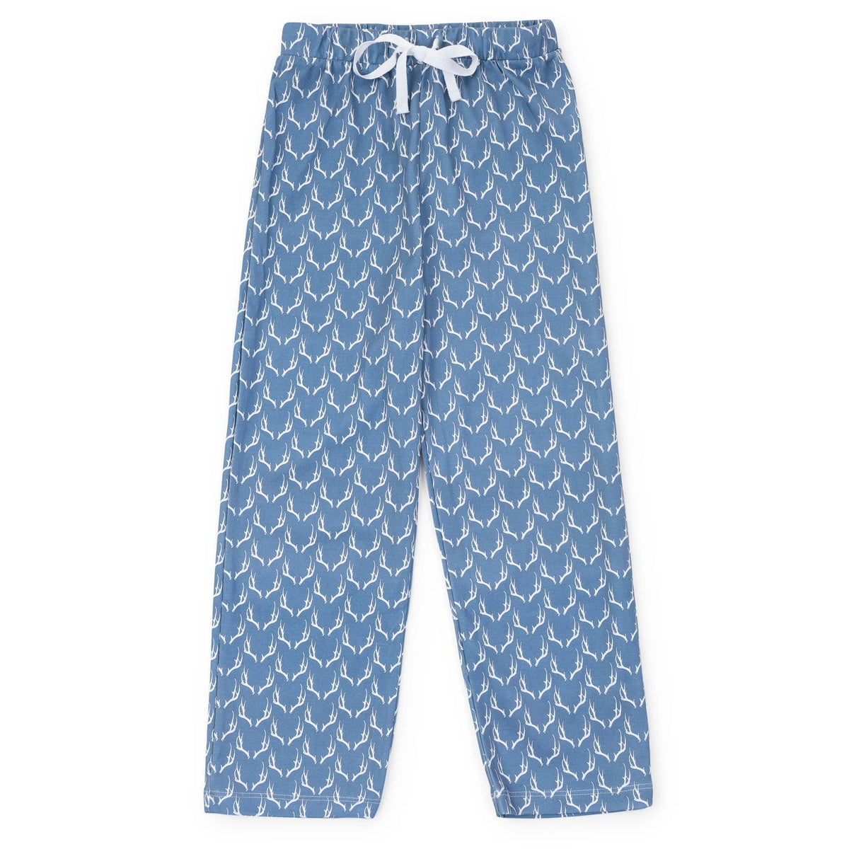 Blue patterned lounge pants with a white drawstring waist, featuring a repeating white abstract leaf or feather-like motif, shown flat against a white background.