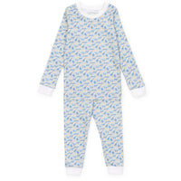 A long-sleeve children's one-piece pajama set with an all-over light blue house pattern on a white background, featuring white cuffs and a white crew neck.