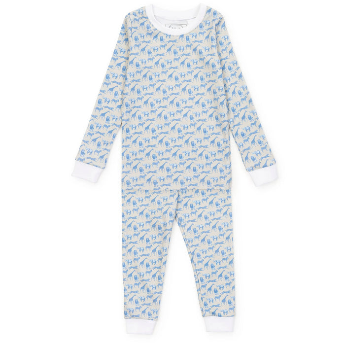 A long-sleeve children's one-piece pajama set with an all-over light blue house pattern on a white background, featuring white cuffs and a white crew neck.