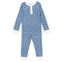 A long-sleeve children's pajama set in dusty blue with a white repeating pattern of small stylized figures, featuring a white button placket at the neck and white cuffs and hem.