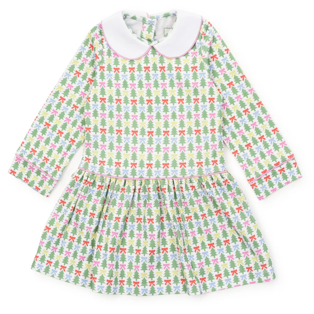 A long-sleeve baby dress with a white Peter Pan collar, featuring a green, pink, and red holiday pattern of Christmas trees and bows on a white background.