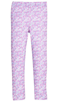 A pair of children's leggings with a dense, all-over abstract pattern in pink, purple, and white, shown flat against a solid white background.
