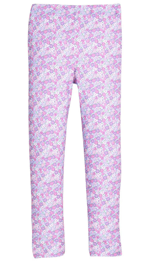 A pair of children's leggings with a dense, all-over abstract pattern in pink, purple, and white, shown flat against a solid white background.